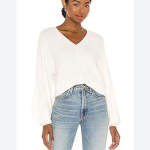 Revolve 1 State Balloon Sleeve V-neck Ribbed White Sweater W2264 Sz XL